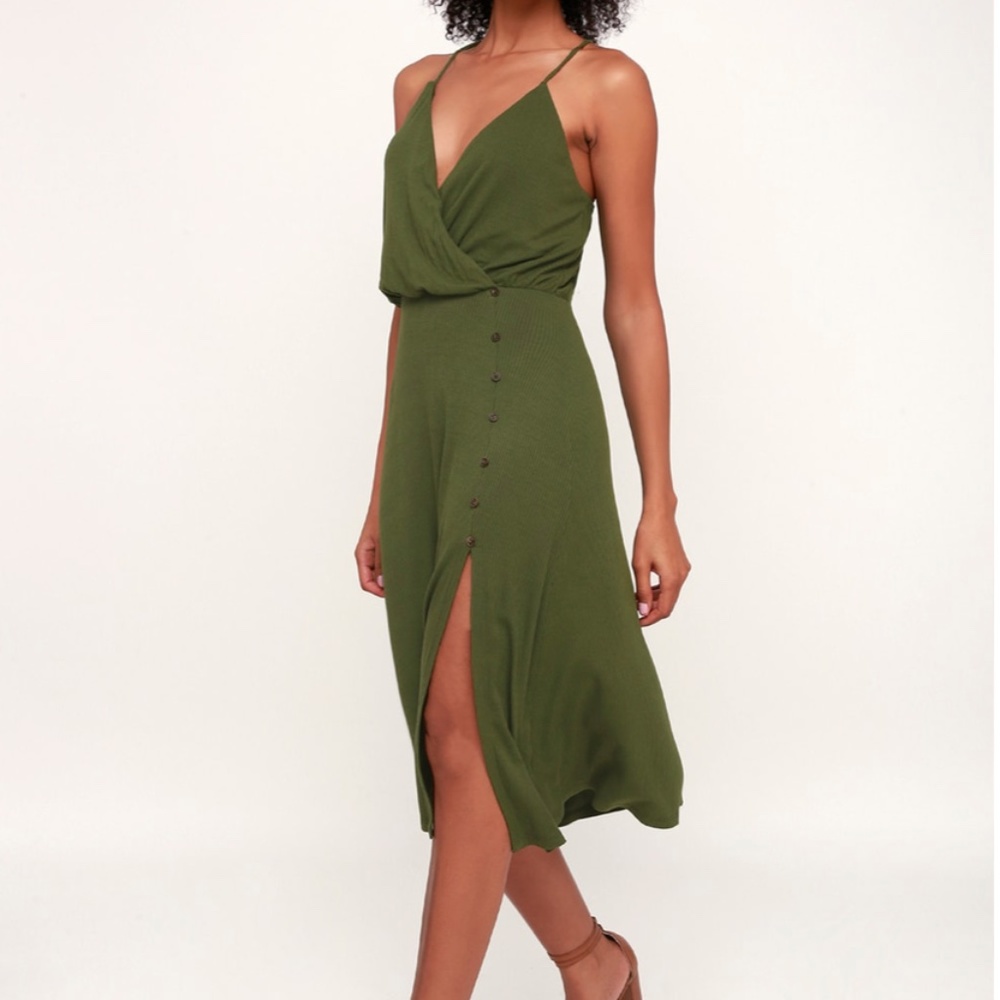 Olive green midi button-up dress